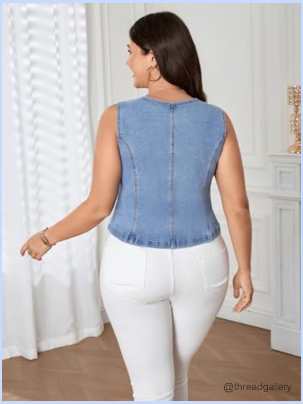 Plus Size Denim Vest Sleeveless V Neck Button Down Cropped Waistcoat Top with - Picture 3 of 7